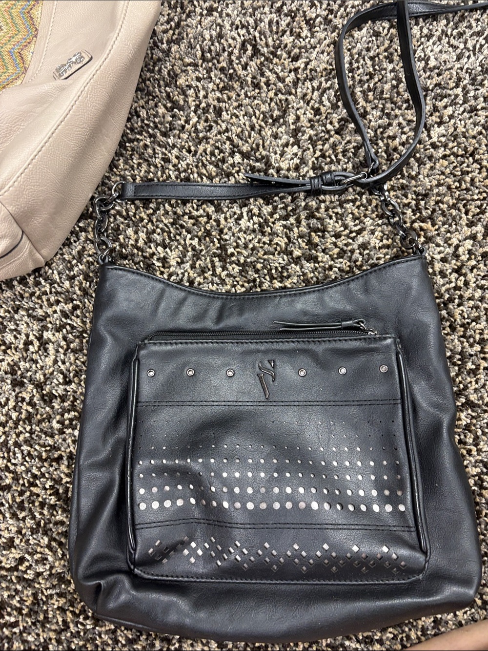 Black Women's Leather Crossbody Bag with Studded Front Pocket